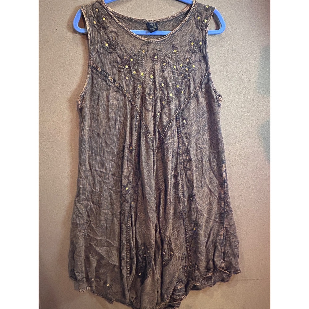 Riviera Sun Tunic Top Womens‎ 2X Brown Excellent Mineral Wash Sequin Embroidered